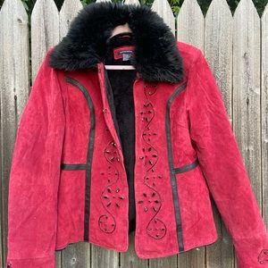 Red Leather faux fur coat